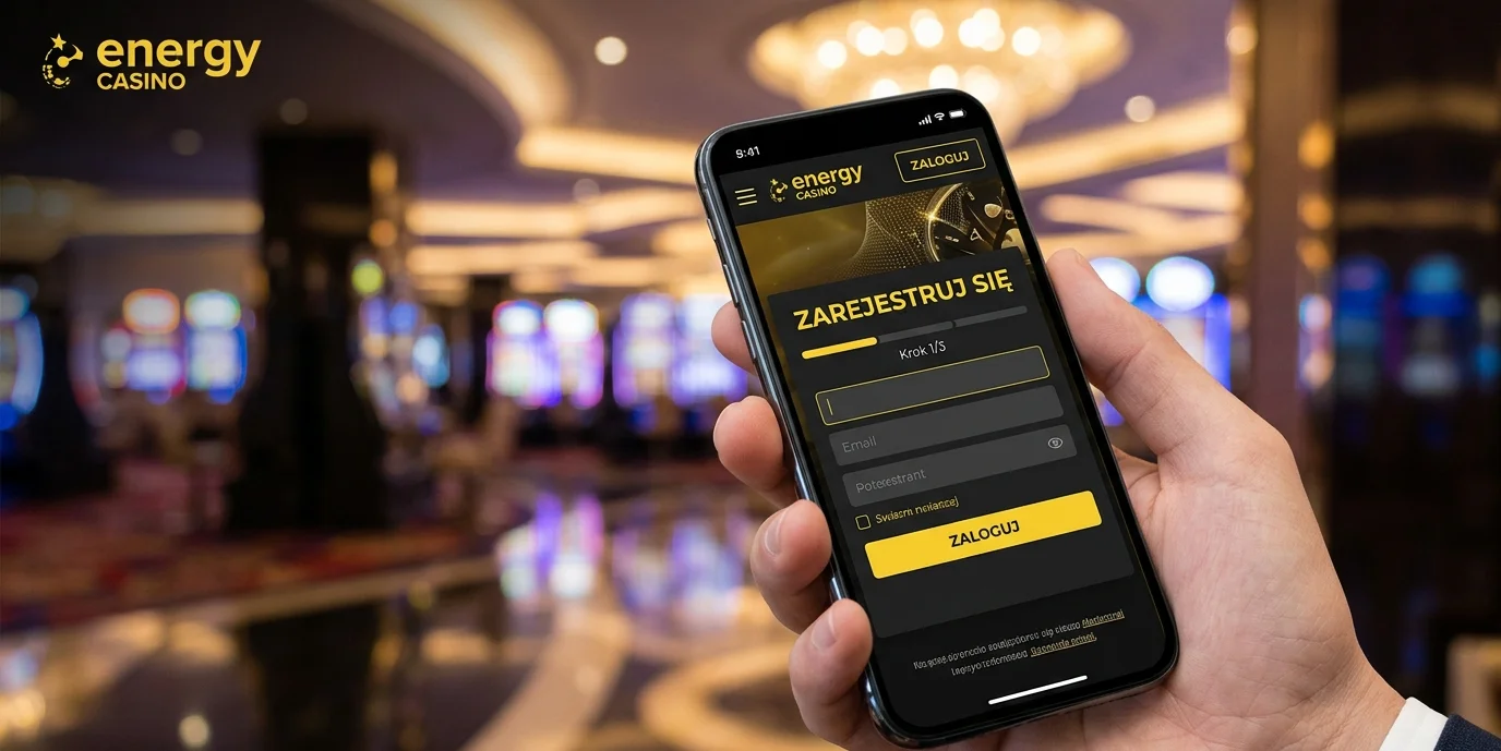 Formularz rejestracji Energy Casino na ekranie telefonu — pola e-mail, hasło, dane osobowe